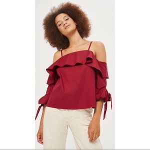 Topshop Burgundy Ruffle Off The Shoulder Top SZ 6